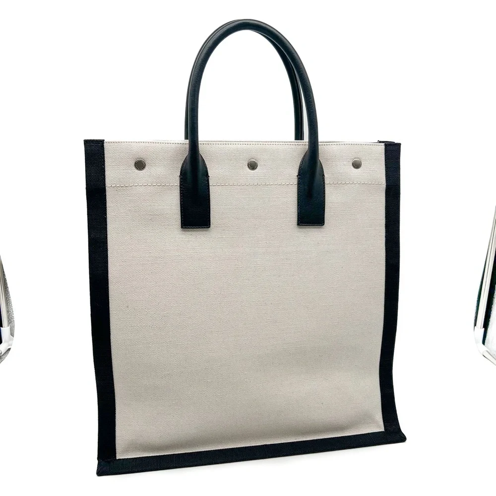 Saint Laurent Rive Gauche North South Canvas Tote – Black Leather Trim